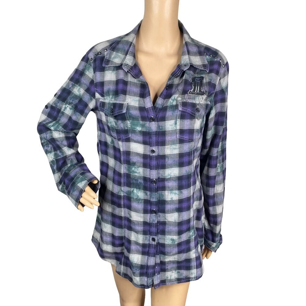 Vtg Y2K Harley Davidson Flannel M Purple Plaid Studded Biker Grunge Tie Dye
